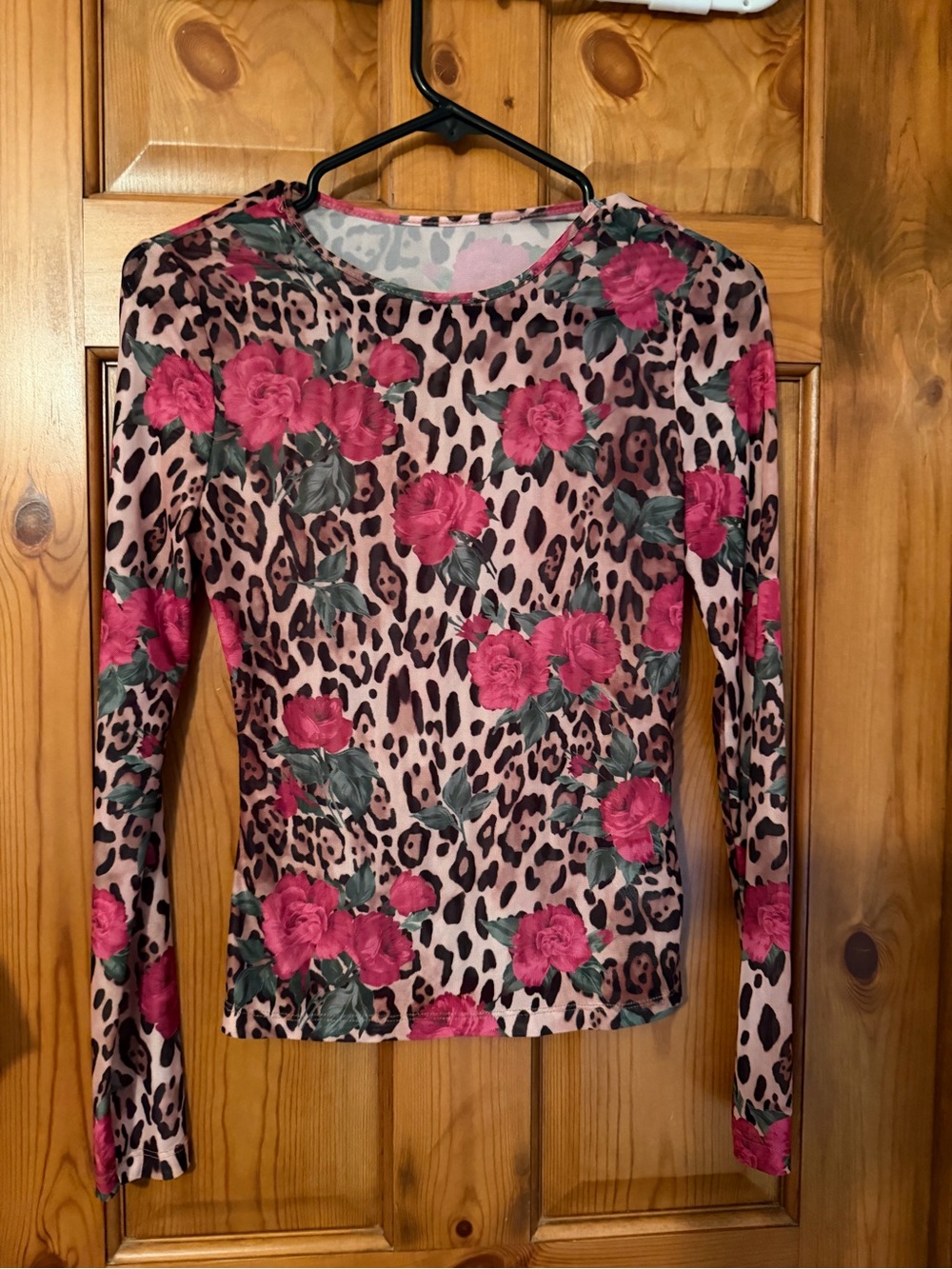 SHEIN Pink Rose Floral & Leopard Print Long Sleeve Top